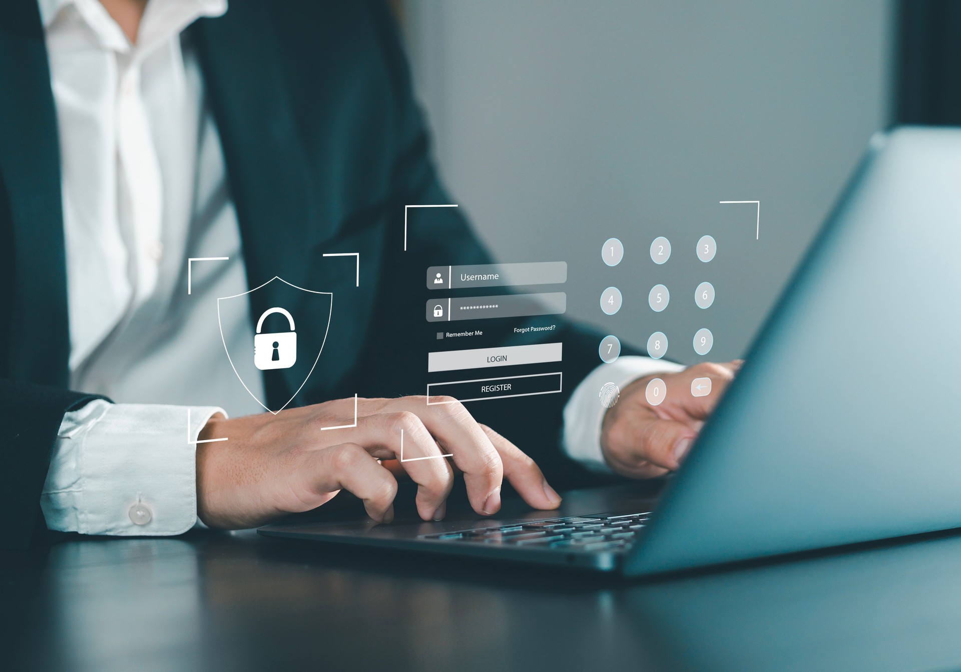 User using laptop computer with security, privacy and data encryption system secure internet cyber security software technology