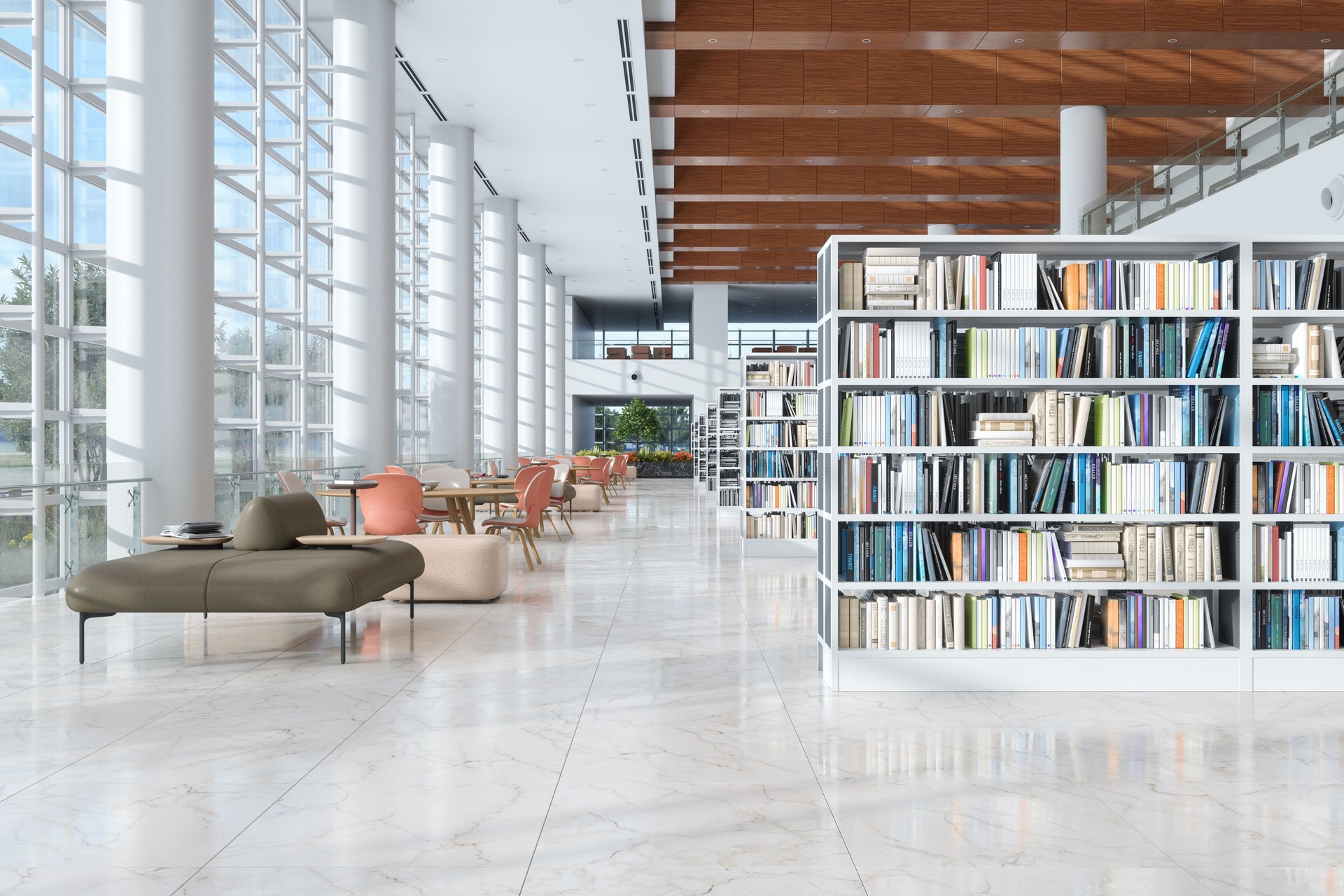 Modern Library Interior With Bookshelves, Tables, Chairs And Seats Modern Library Interior With Bookshelves, Tables, Chairs And Seats