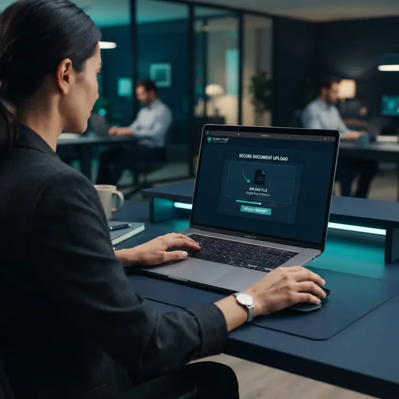 Hands uploading a document to a secure online notary portal on a laptop