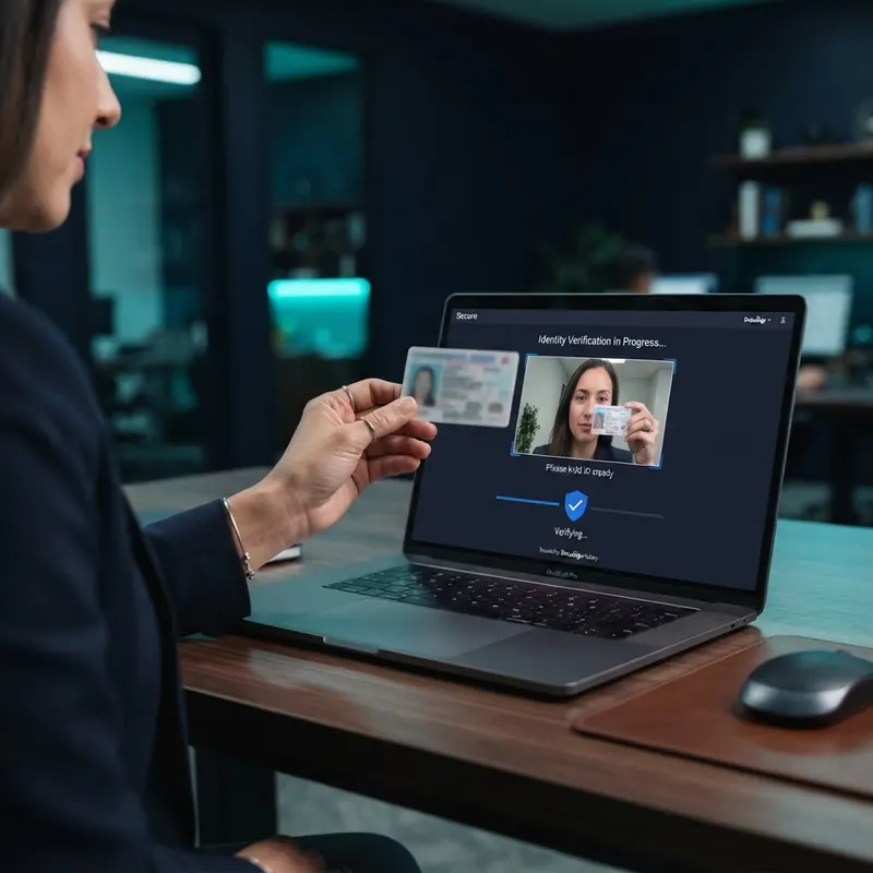 A person holding a government photo ID up to a laptop webcam to verify their identity