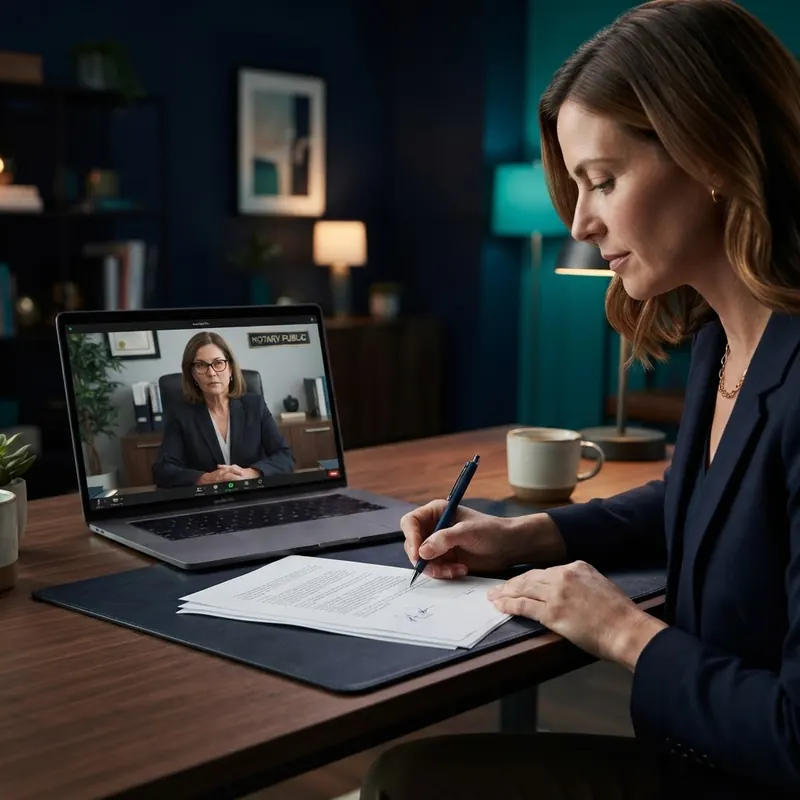 A person signing a document while a notary watches on a live video call on the laptop
